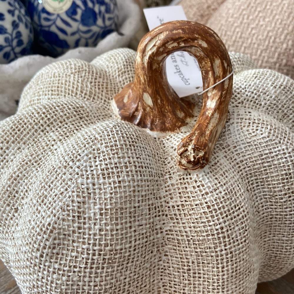 NEW! Shabby Chic Fall Autumn Harvest Creamy White Burlap Textured Resin Pumpkin - Picture 3 of 7